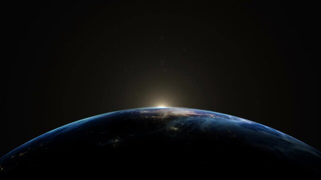 Planet earth rotating in deep space with glowing sunrise motion footage for professional cinematic background use