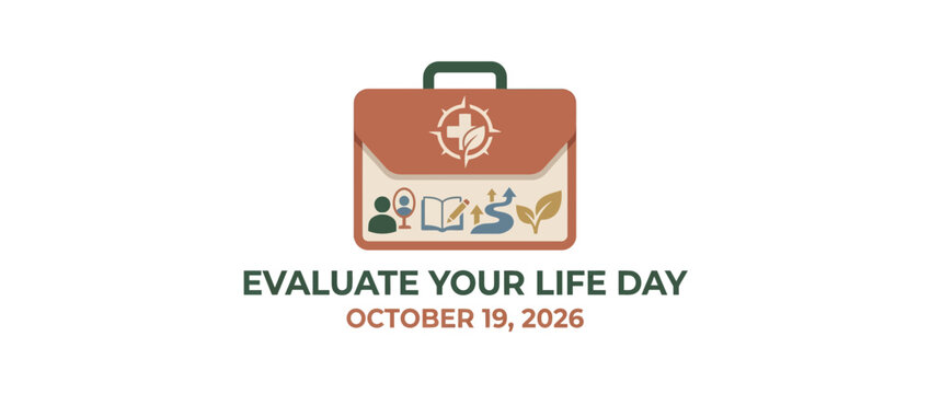 Flat vector illustration of briefcase with icons for personal growth and self evaluation