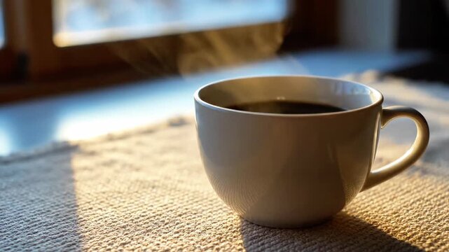 Steaming cup of black coffee on table in morning sunlight