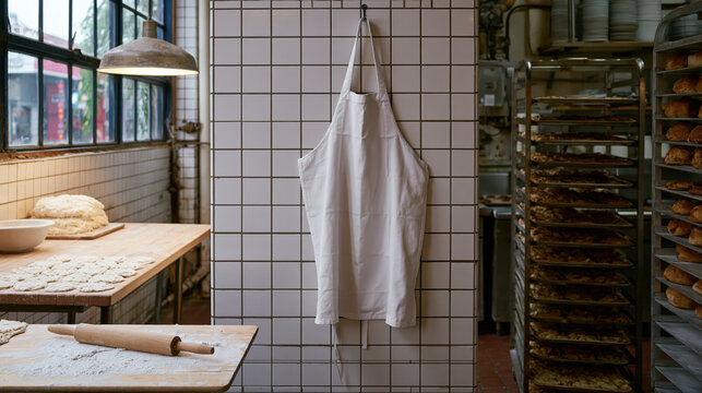 Blank apron hanging in bakery kitchen, rustic work space with flour and bread trays