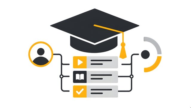Online Learning and Employee Training Platform Vector Illustration with Graduation Cap, Digital Course, Professional Certification, Corporate Learning and Skill Development Concept