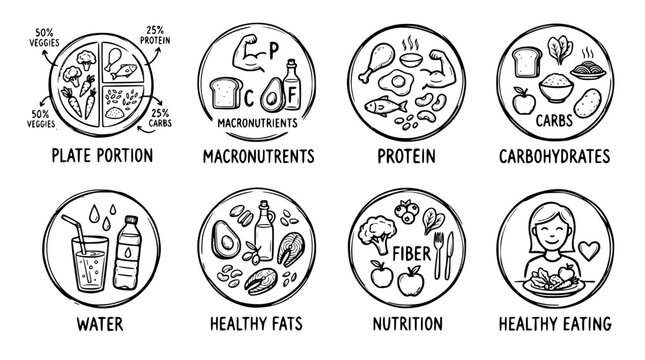 Hand drawn nutrition diet icons plate portion macro protein carb fat fiber water, black ink sketch vector illustration