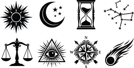Mystical and celestial esoteric symbols set featuring sun crescent moon hourglass constellation scales eye of providence compass rose and comet isolated on white background © MstRehna
