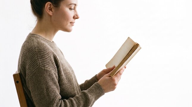 A young woman focused on reading her book. Isolated on white background