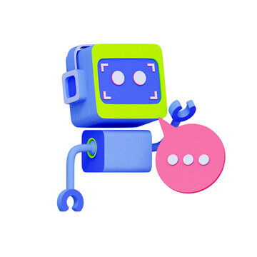 3D illustration of robot character with speech bubble for ai chatbot, virtual assistant, customer support, machine learning, digital communication, and automated service.
