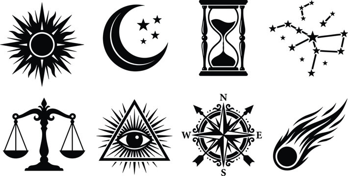 Mystical and celestial esoteric symbols set featuring sun crescent moon hourglass constellation scales eye of providence compass rose and comet isolated on white background