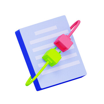3D illustration of document file with connecting plugs for api integration, system connection, software compatibility, data transfer, tech setup, and network link.
