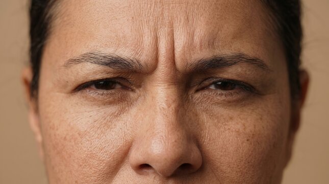 Close Up Frontal View of Deep Glabella Wrinkles and Frown Lines on Middle Aged Face