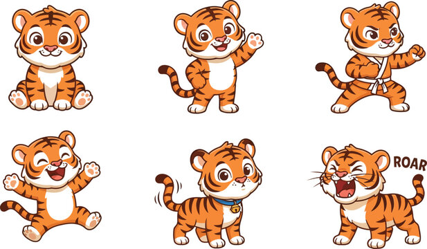 Cute cartoon baby tiger character vector set with different poses and expressions