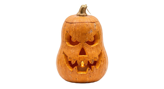 A carved butternut squash jack-o'-lantern with a spooky face glows warmly with an internal light against a clean white background.