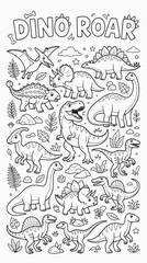 Multiple dinosaurs pattern with Dino Roar text coloring page. © MMfootball