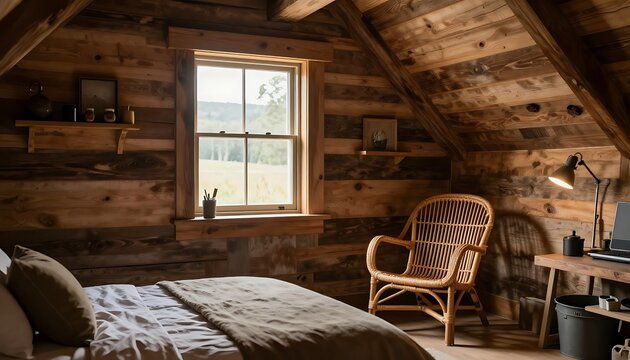 Cozy rustic attic bedroom featuring natural wood walls and wicker chair near window view with desk lamp under sloped ceiling bedroom interior exposed