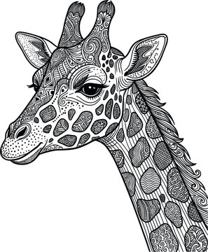 Detailed hand drawn giraffe head vector illustration featuring intricate geometric spots and realistic texture details in vintage engraving sketch style isolated on white background