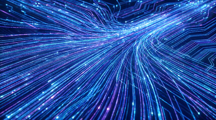 Fototapeta premium High speed digital data streams and fiber optic connections in blue and purple cyberspace.