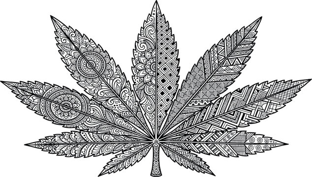 Intricate mandala cannabis leaf vector illustration with detailed abstract paisley patterns and bohemian geometric textures for adult coloring book isolated on white background
