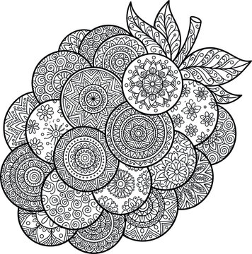 Intricate mandala raspberry vector illustration with detailed abstract circular patterns and tiny leaves for adult coloring book isolated on plain white background