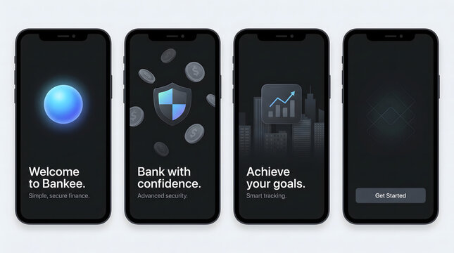 Modern banking mobile app onboarding interface design with dark mode and 3D finance icons.