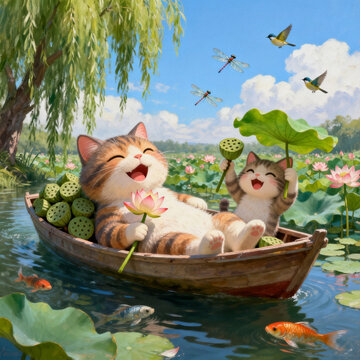 Oil Painting Two Happy Cats Boating On Lotus Lake