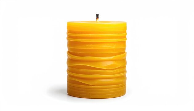Tall, textured, golden pillar candle on white background, faintly lit
