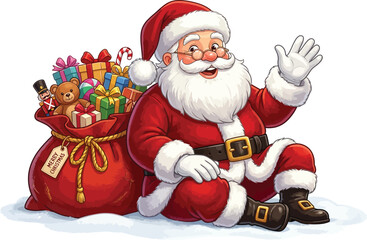 Fototapeta premium Jolly Santa Claus waving with a large red sack of Christmas gifts, festive Father Christmas character vector, holiday presents and toys in a bag isolated on Transparent Background