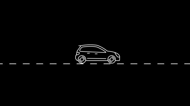 Minimalist line car driving animation on black background, simple style motion for automotive concepts