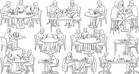 Fototapeta premium Business Meeting and Cafe Conversation Outline Vector Collection with Office Workers Using Laptops in Various Workplace Scenes