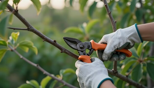 A close-up shot shows gloved hands using pruning shears to trim a branch from a leafy tree during the growing season.
