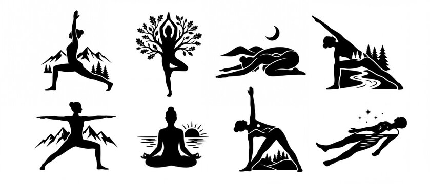 Collection of yoga poses silhouettes representing wellness and balance ideal for health and fitness concepts