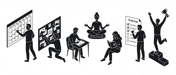 Obraz premium Collection of isometric business icons depicting planning learning meditation and success perfect for presentations and infographics