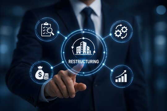 Corporate restructuring strategy with businessman using virtual screen