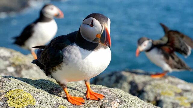 Atlantic puffins on rocky coast near ocean