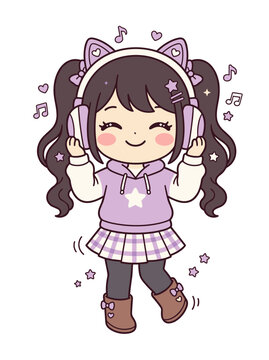 Cute Kawaii Girl Listening to Music with Headphones and Cat Ears