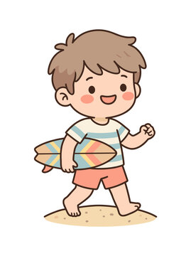 Cute Boy Walking with Surfboard on Beach