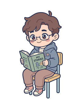Cute Cartoon Boy Reading a Book My Stories with Glasses