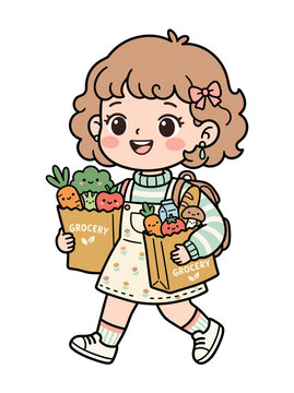 Cute Cartoon Girl Happily Carrying Grocery Bags Filled with Fresh Produce