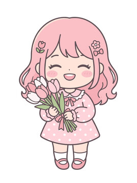Cute Girl with Pink Hair Holding Tulips