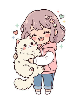 Cute Girl Hugging Fluffy White Cat in Hoodie