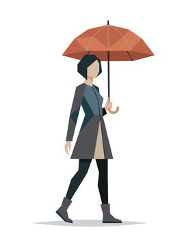 Woman Walking with Geometric Orange Umbrella Fashionable Style