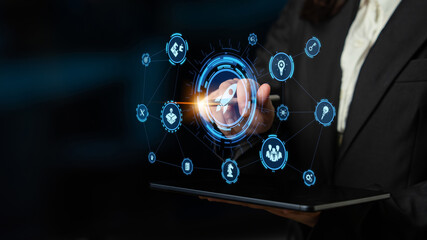 Obraz premium Innovation icons show creativity, teamwork, and project development. Innovation helps organizations design solutions, build strategy, and grow with new business opportunities. Entice