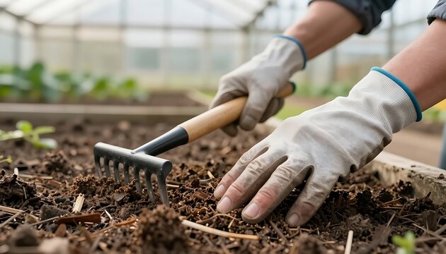 A gardener's gloved hands use a small, sturdy rake to smooth the surface of dark, rich soil in a garden bed.