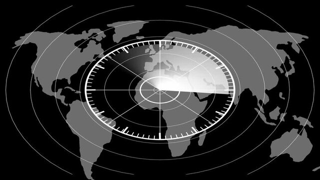 Global radar scanning animation: digital map with rotating hud interface for cybersecurity and data tracking