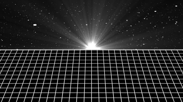 Retro synthwave grid background, with glowing sun, and starfield horizon, 80s cyberpunk aesthetic motion