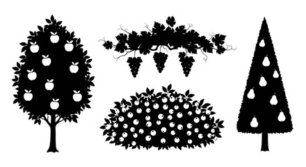 Black silhouettes of fruit trees and berry bushes. © Sebastian