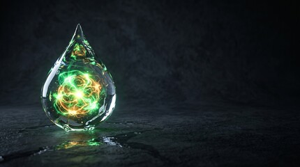 Obraz premium Glowing Energy Core Inside Transparent Water Drop on Dark Background