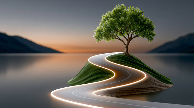 Sustainable business growth nature tree road island future success symbol calm water journey toward hope ahead
