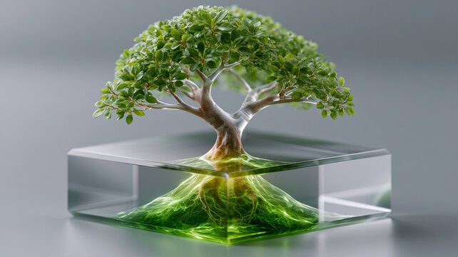 Sustainable business growth concept tree glass cube symbolizing green innovation and clean energy prosperity