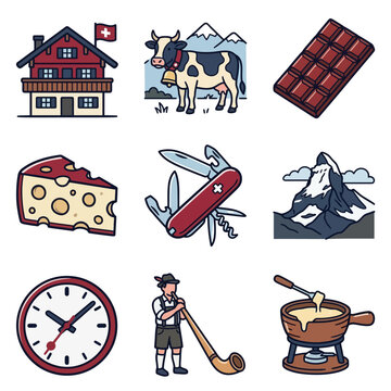 Collection of Swiss cultural symbols and icons featuring a chalet, alpine cow, chocolate bar, Swiss cheese, pocket knife, Matterhorn mountain, clock, alphorn player, and cheese fondue.