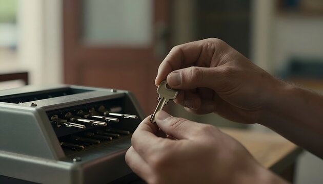 A pair of hands holds a key near a key cutting machine, with multiple key blanks visible, for duplication services.