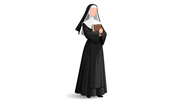 A nun dressed in a traditional black and white habit holding a book.