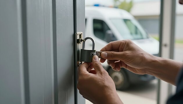 A person's hands are carefully inserting a key into a silver padlock on a grey door as a white van is visible in the blurred background signifying access or security.